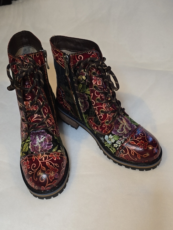 L'artiste Shoes - Embroidered Floral Lace-Up Ankle Boots - Burgundy Multi